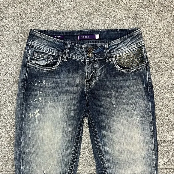 Vigoss Capri Studded Thick Stitch Distressed Jeans Womens Size 1 Blue - Picture 2 of 13